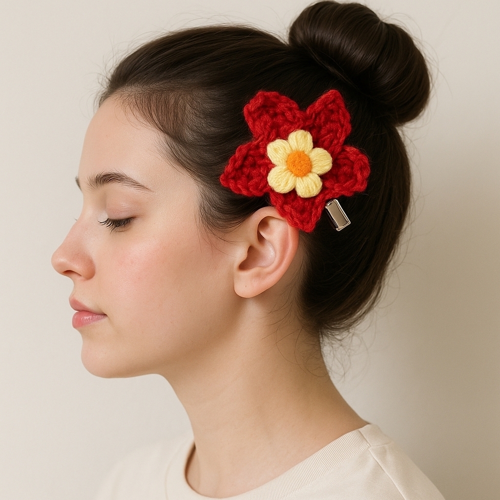 Hand Knit Crochet Floral Barrette Clip Boho Accessory